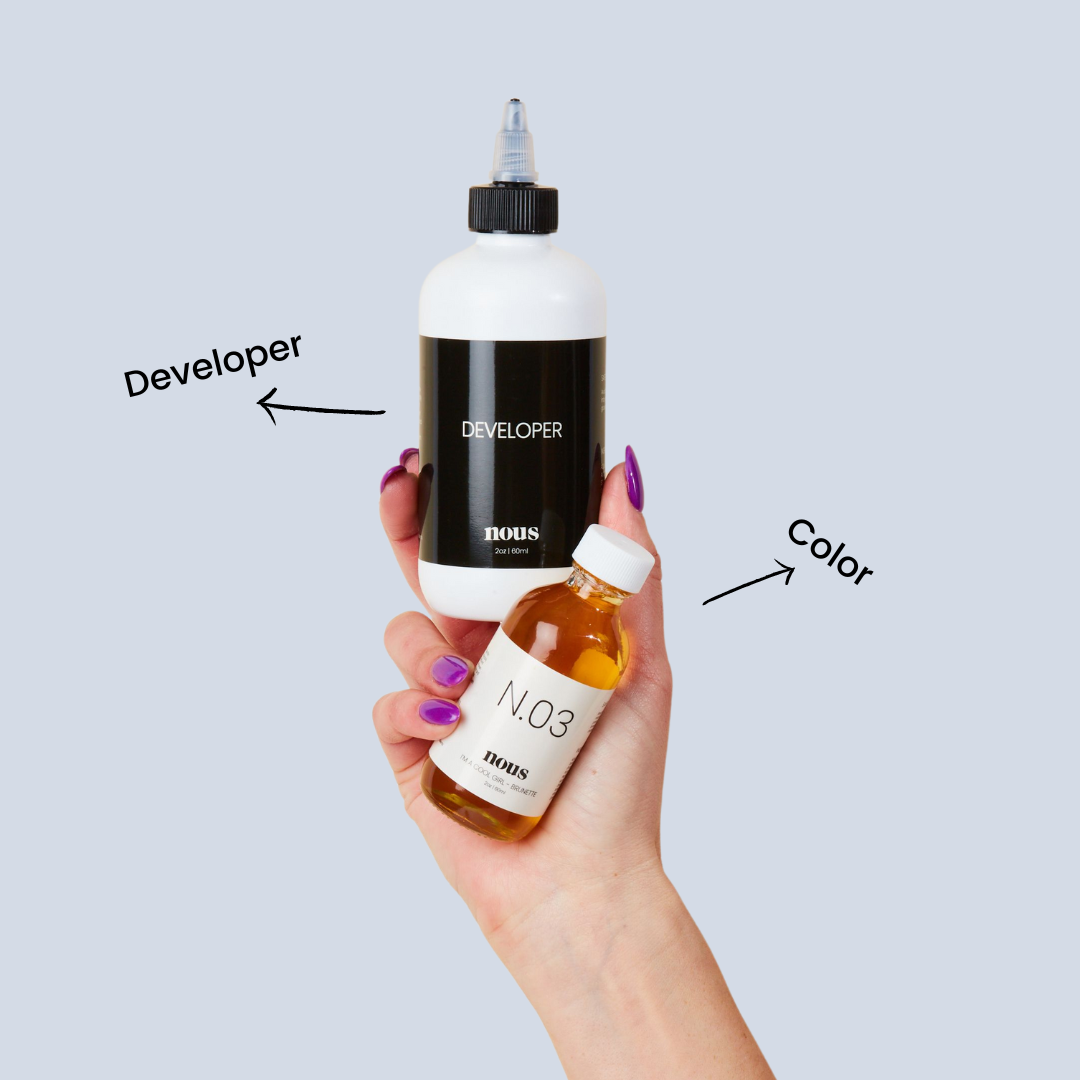 nous hair gloss developer and color bottle held in hand showing at-home gloss system